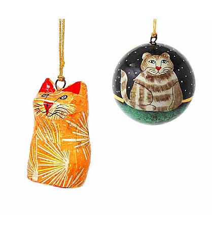 Handpainted Papier-mâché Cat Ornaments (Set of 2)